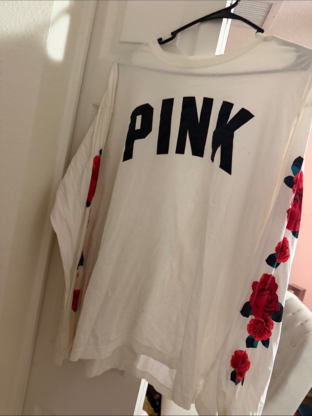 PINK Victoria's Secret White Long Sleeve Tee with Red Rose Sleeve Prints